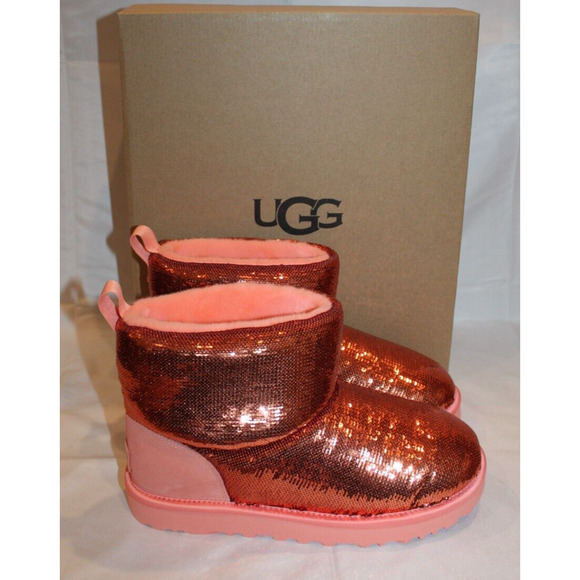 UGG CLASSIC MINI MIRROR BALL STARFISH PINK SEQUIN SUEDE WOMEN'S‎ BOOTS NIB - Picture 1 of 8